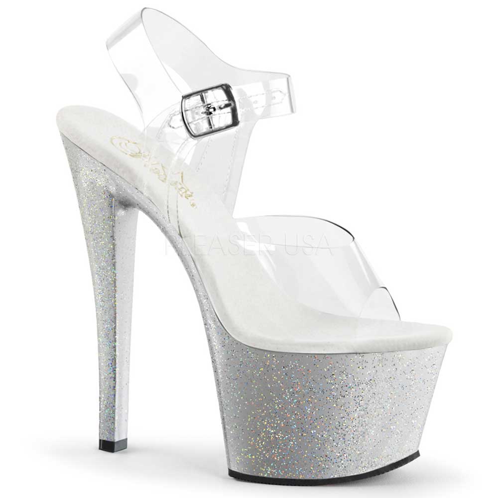 Pleaser - Sky-308MG Ankle strap sandal, Pole dance shoes - Pole dance shoes - Silver coloured/Transparent